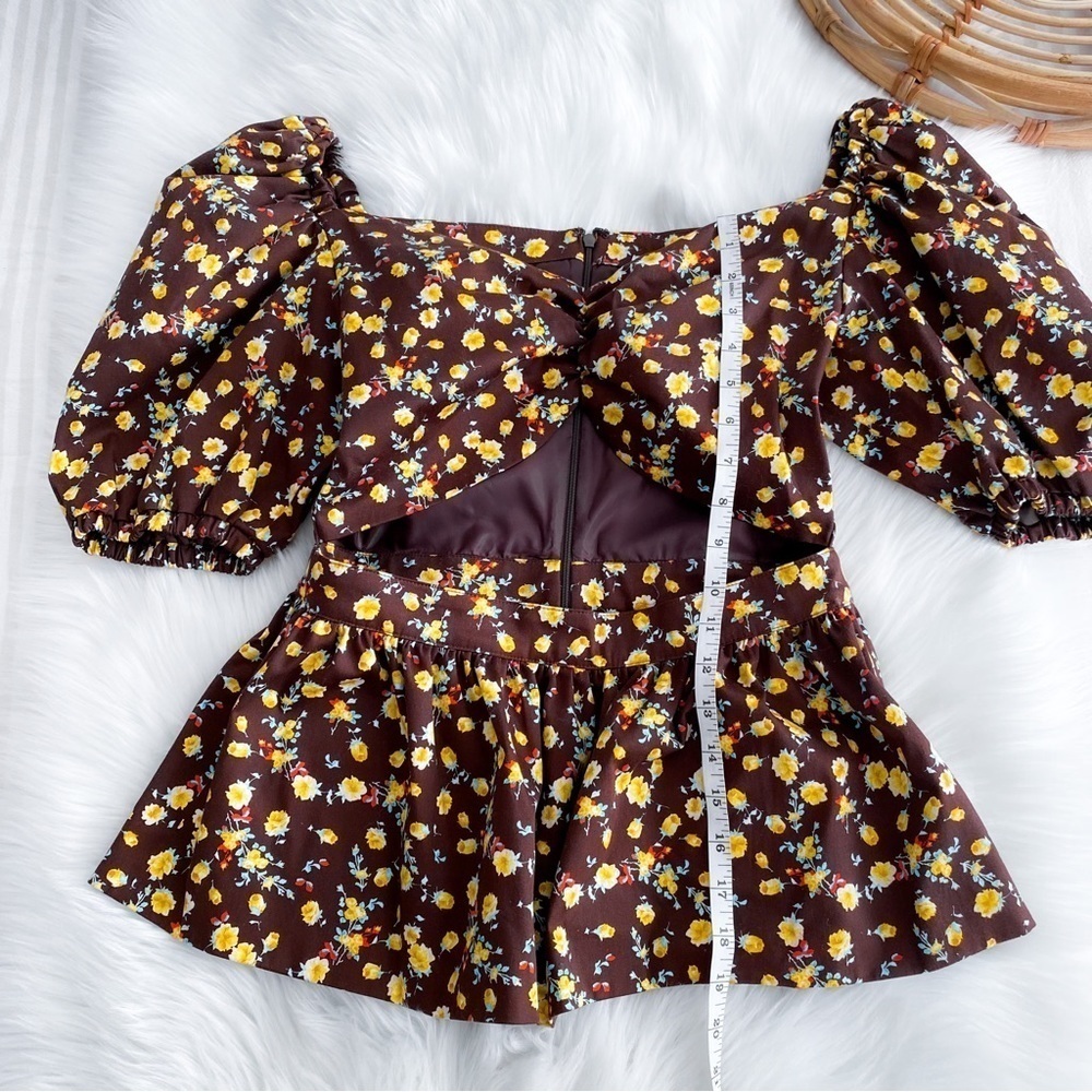 NWOT Autumn Adeigbo Bridgette Puff Sleeve Cut-Out Top Brown Yellow Floral - Picture 14 of 16